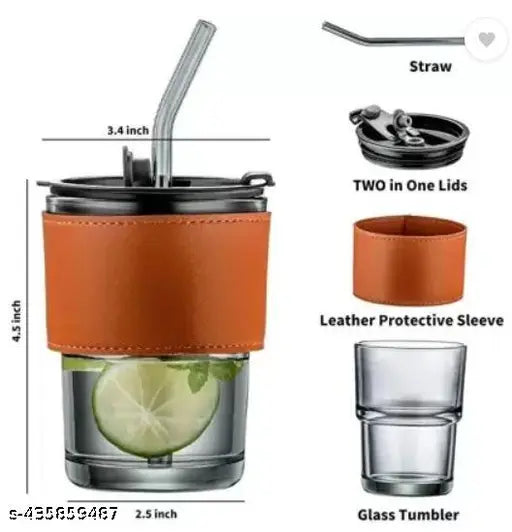 Glass Tumbler Mug with Lid & Silicone Straw || Protective Anti-Skid Leather Sleeve for Hot and Cold Beverages