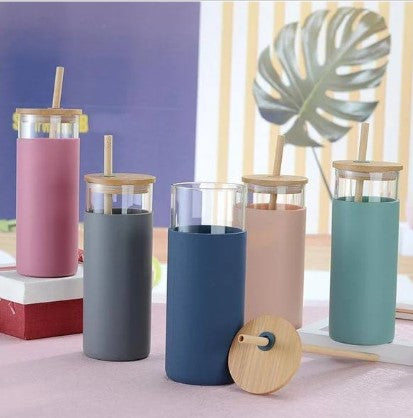 Glass Tumbler with Wooden Straw and Lid, Travel for Adults Glass Tumbler Glass Tumbler