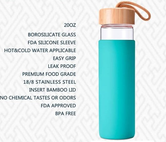 Glass Water Bottle with Bamboo Lid and Silicone Sleeve