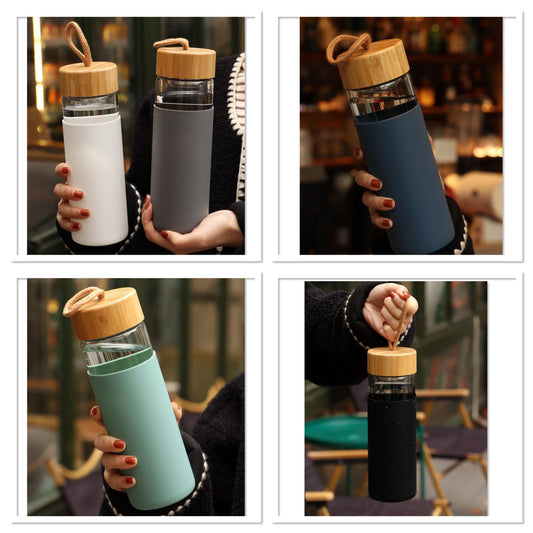 Glass Water Bottle with Bamboo Lid and Silicone Sleeve