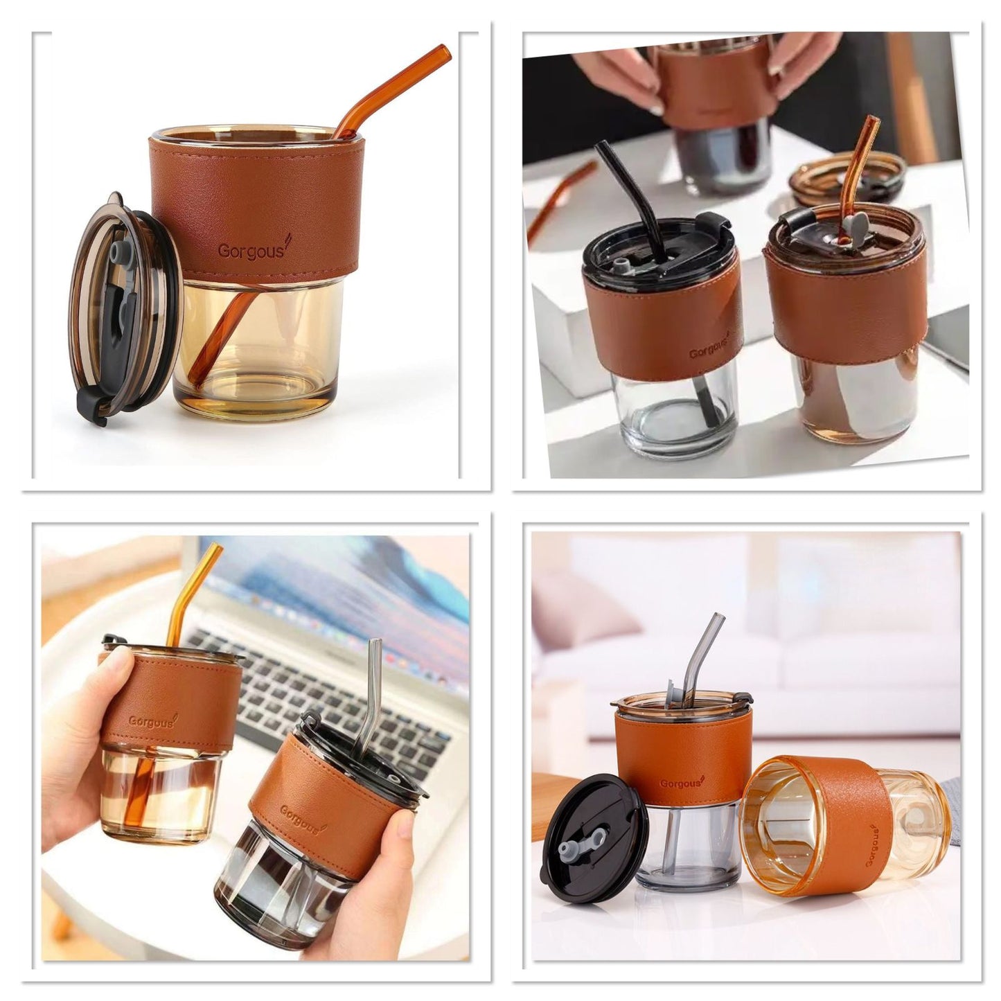 Glass Tumbler Mug with Lid & Silicone Straw || Protective Anti-Skid Leather Sleeve for Hot and Cold Beverages