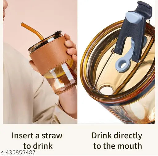 Glass Tumbler Mug with Lid & Silicone Straw || Protective Anti-Skid Leather Sleeve for Hot and Cold Beverages