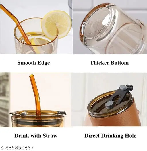 Glass Tumbler Mug with Lid & Silicone Straw || Protective Anti-Skid Leather Sleeve for Hot and Cold Beverages